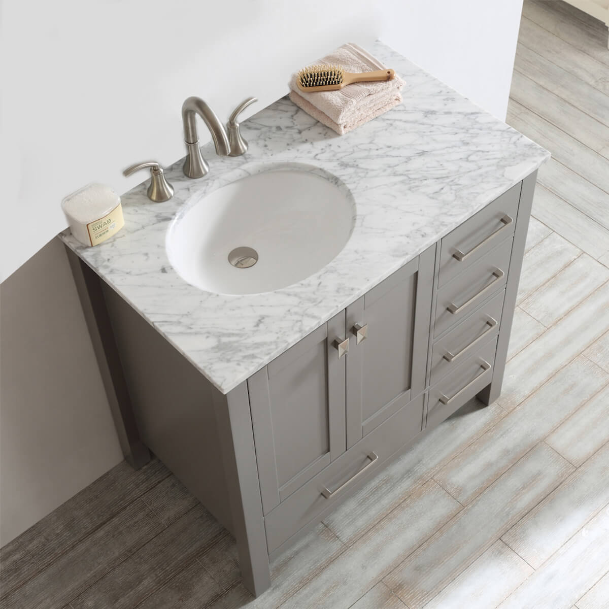 Vinnova 36” Gela Grey Freestanding Single Vanity with Carrara White Marble Countertop Without Mirror in Bathroom 723036-GR-CA-NM