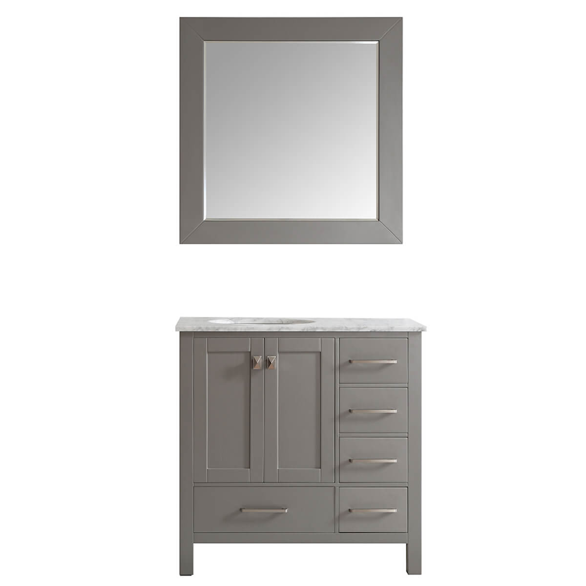 Vinnova 36” Gela Grey Freestanding Single Vanity with Carrara White Marble Countertop With Mirror 723036-GR-CA