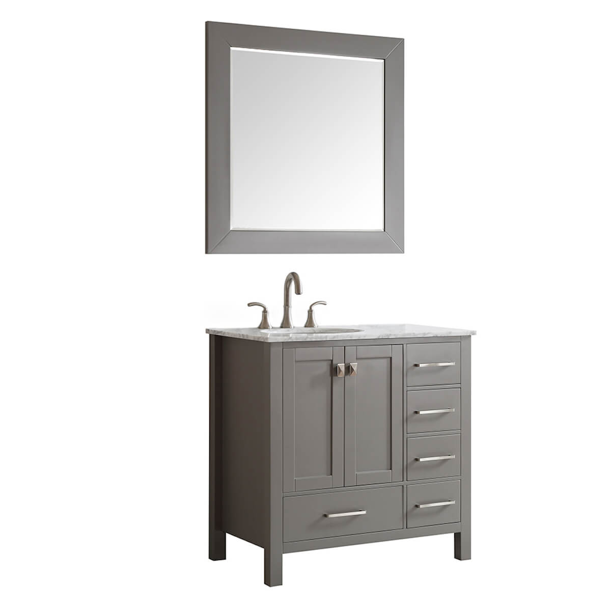 Vinnova 36” Gela Grey Freestanding Single Vanity with Carrara White Marble Countertop With Mirror Side 723036-GR-CA