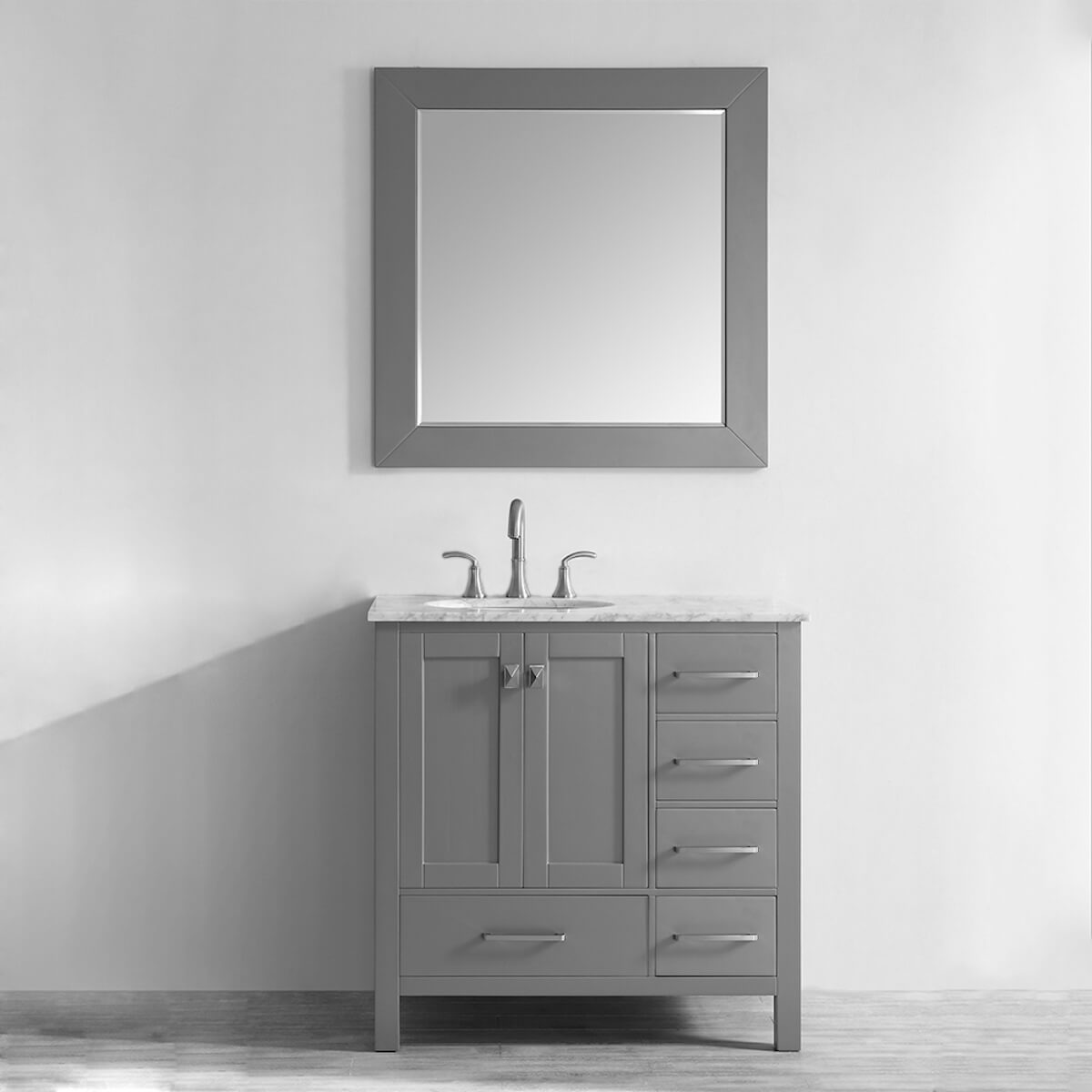 Vinnova 36” Gela Grey Freestanding Single Vanity with Carrara White Marble Countertop With Mirror in Bathroom 723036-GR-CA