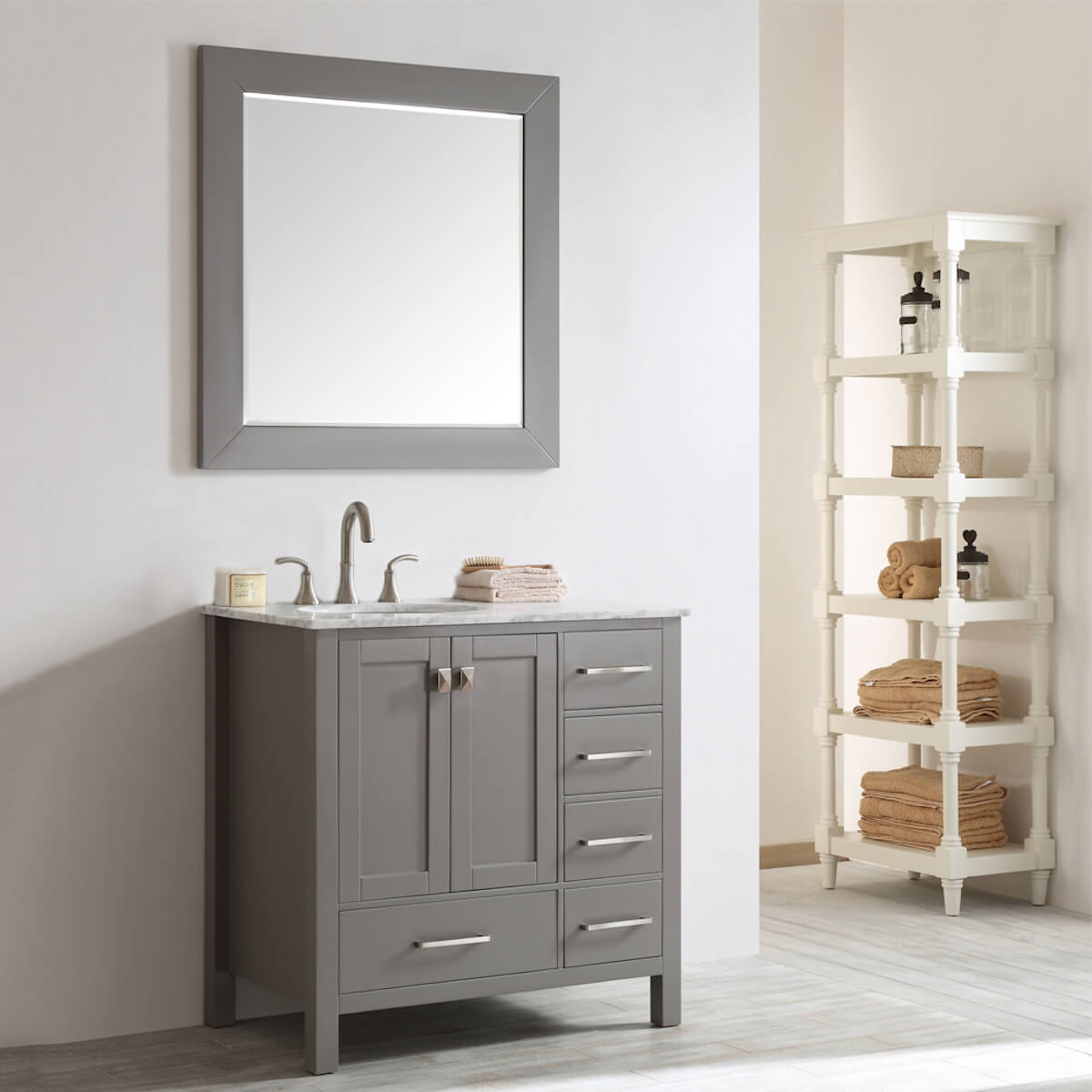 Vinnova 36” Gela Grey Freestanding Single Vanity with Carrara White Marble Countertop With Mirror Side in Bathroom 723036-GR-CA