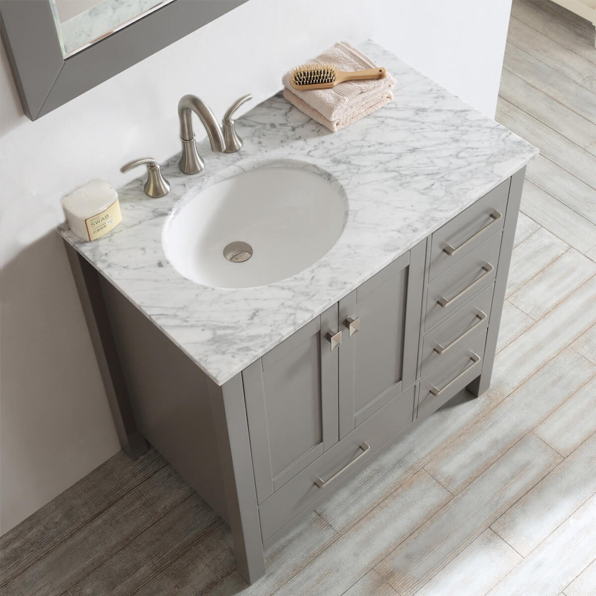 Vinnova 36” Gela Grey Freestanding Single Vanity with Carrara White Marble Countertop With Mirror Counter 723036-GR-CA