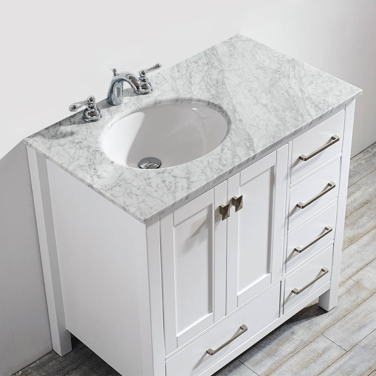 Vinnova Gela 36" White Freestanding Single Vanity with Carrara White Marble Countertop Sink 723036-WH-CA-NM