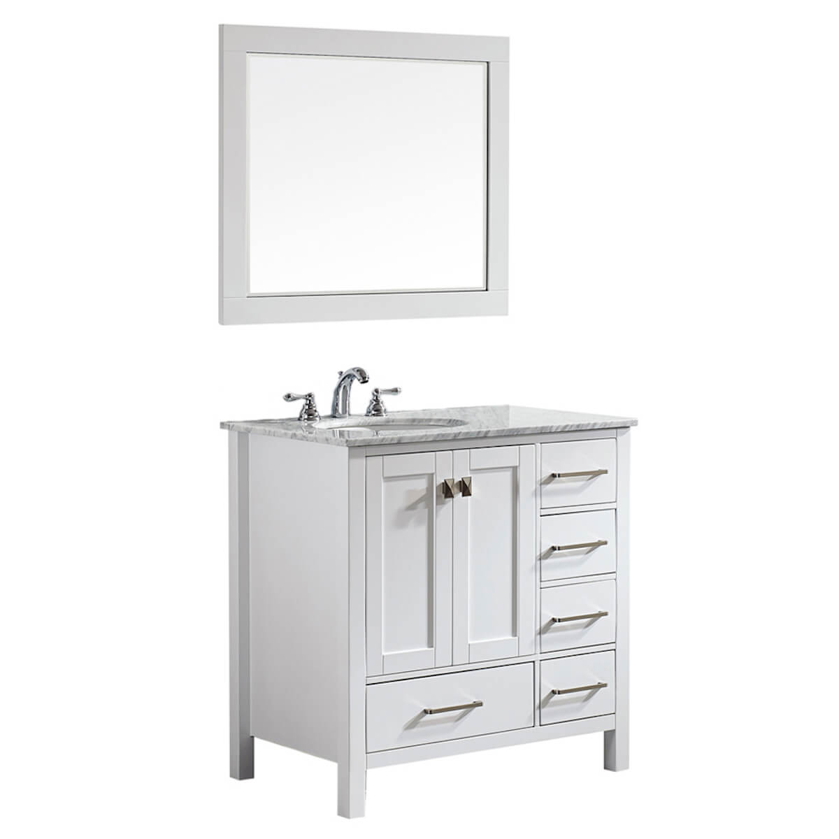 Vinnova Gela 36" White Freestanding Single Vanity with Carrara White Marble Countertop With Mirror Side 723036-WH-CA