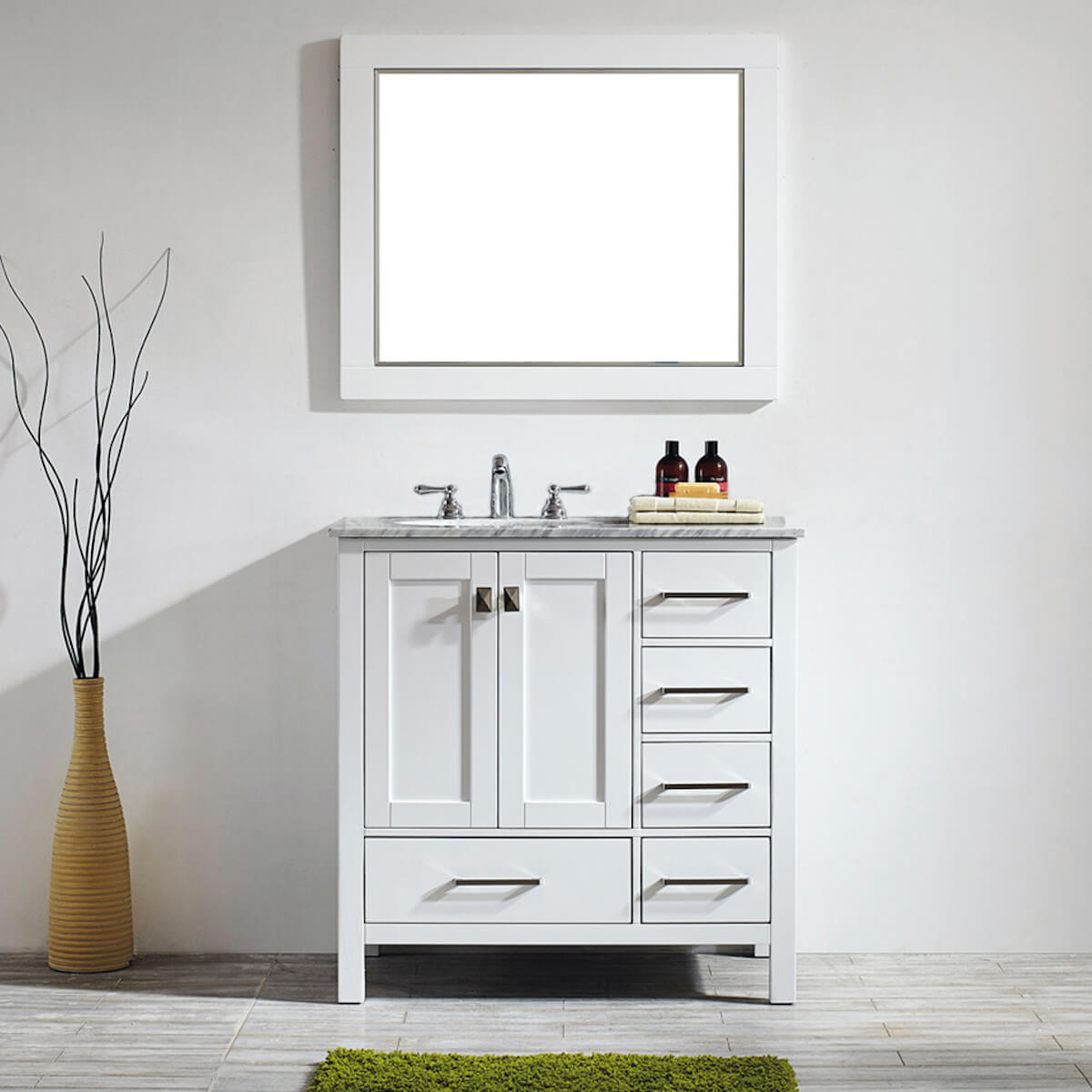Vinnova Gela 36" White Freestanding Single Vanity with Carrara White Marble Countertop With Mirror in Bathroom 723036-WH-CA