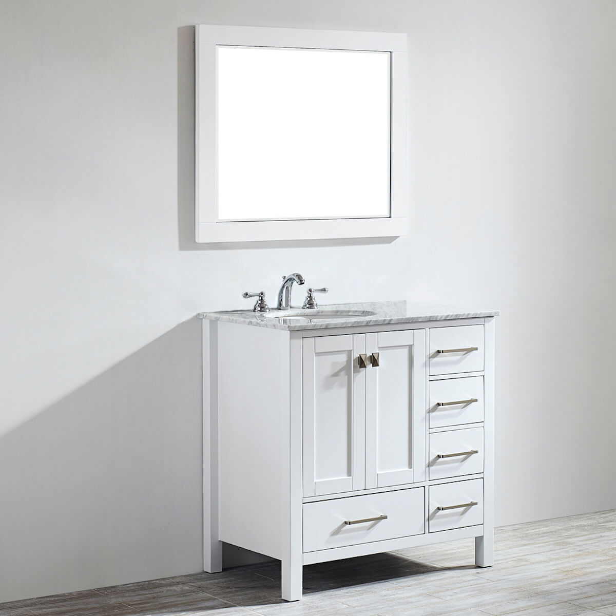 Vinnova Gela 36" White Freestanding Single Vanity with Carrara White Marble Countertop With Mirror Side 723036-WH-CA