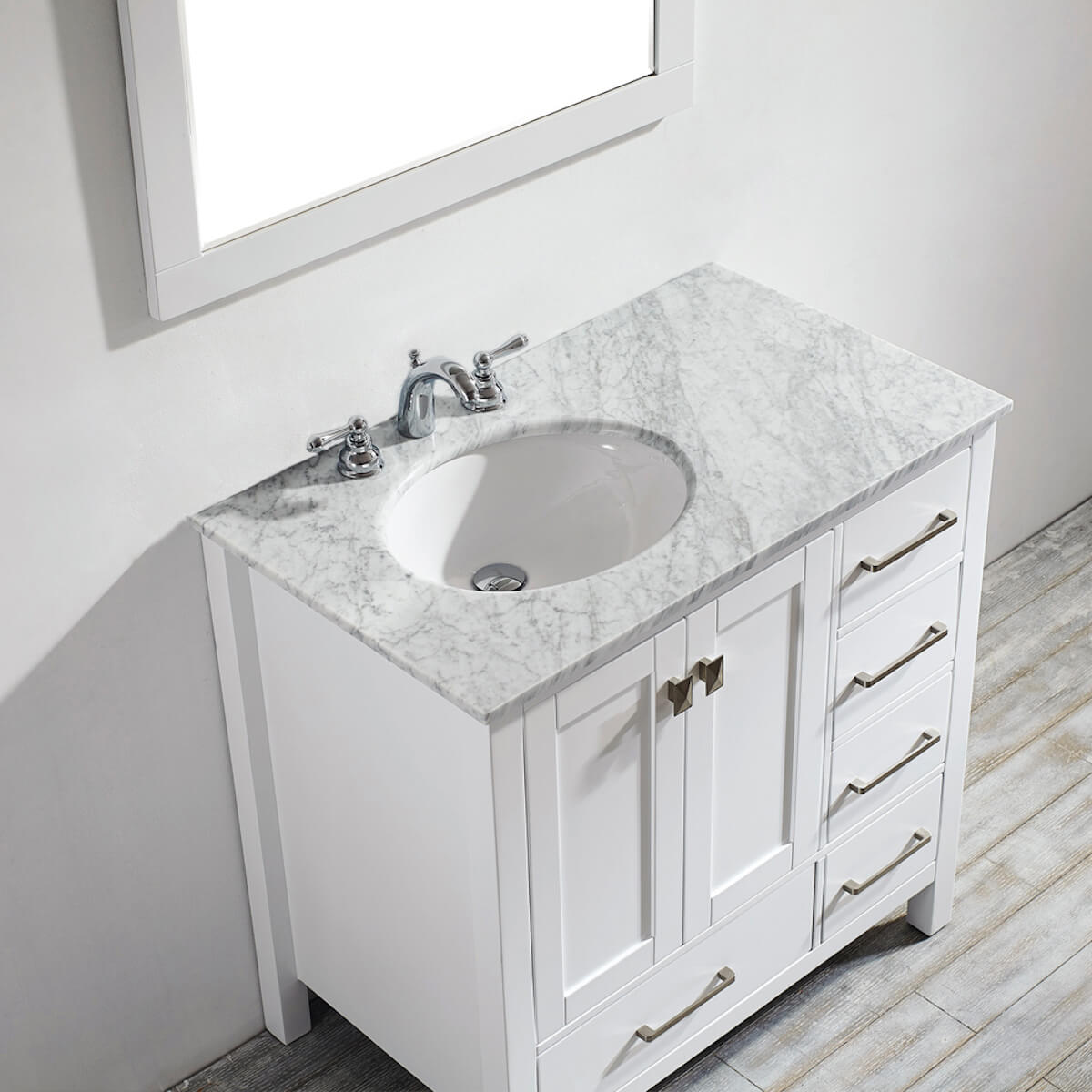 Vinnova Gela 36" White Freestanding  Single Vanity with Carrara White Marble Countertop With Mirror Sink 723036-WH-CA