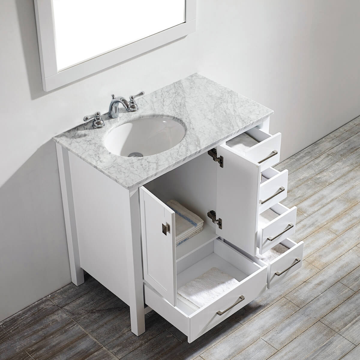 Vinnova Gela 36" White Freestanding Single Vanity with Carrara White Marble Countertop With Mirror Inside 723036-WH-CA