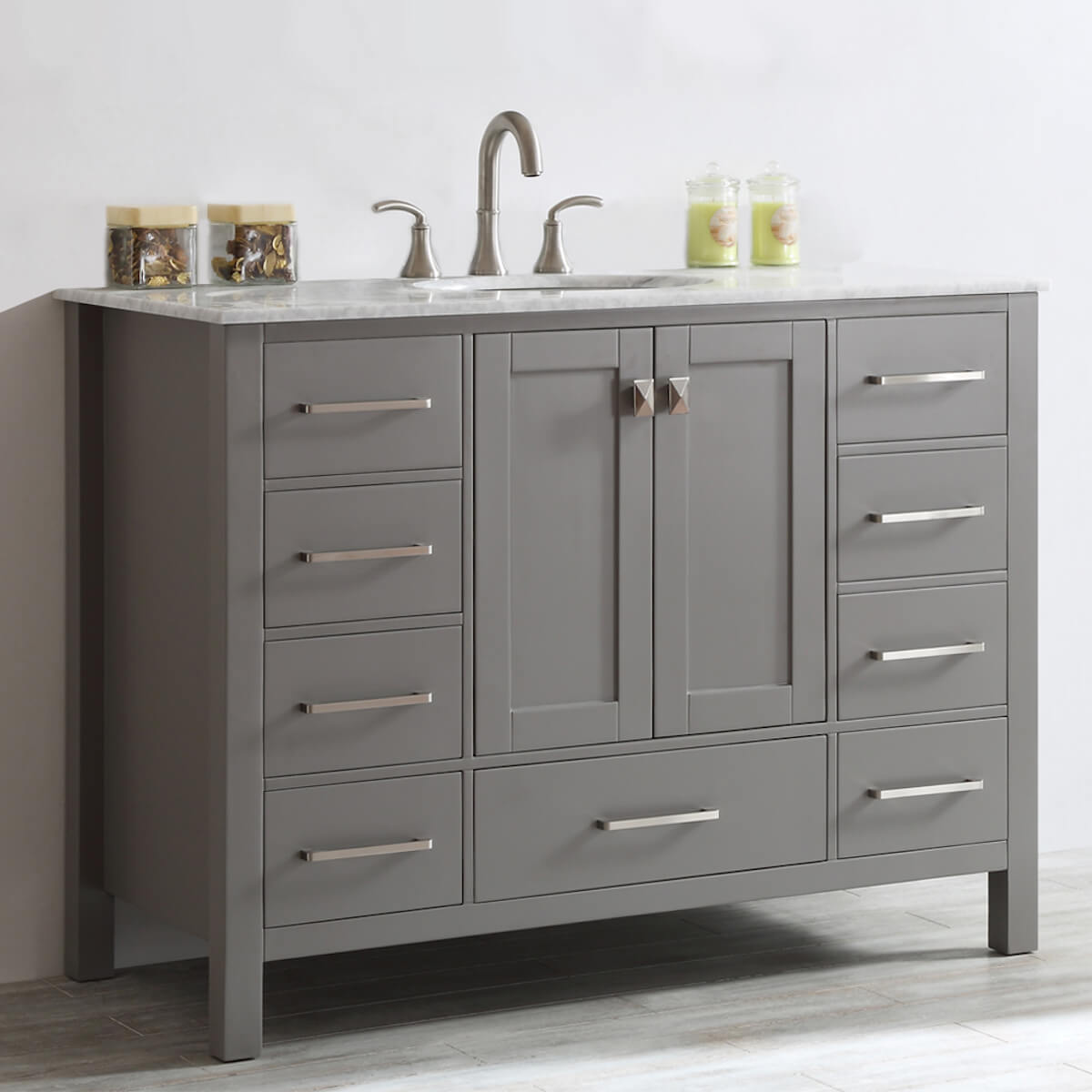 Vinnova Gela 48" Grey Freestanding  Single Vanity with Carrara White Marble Countertop Without Mirror Side 723048-GR-CA-NM