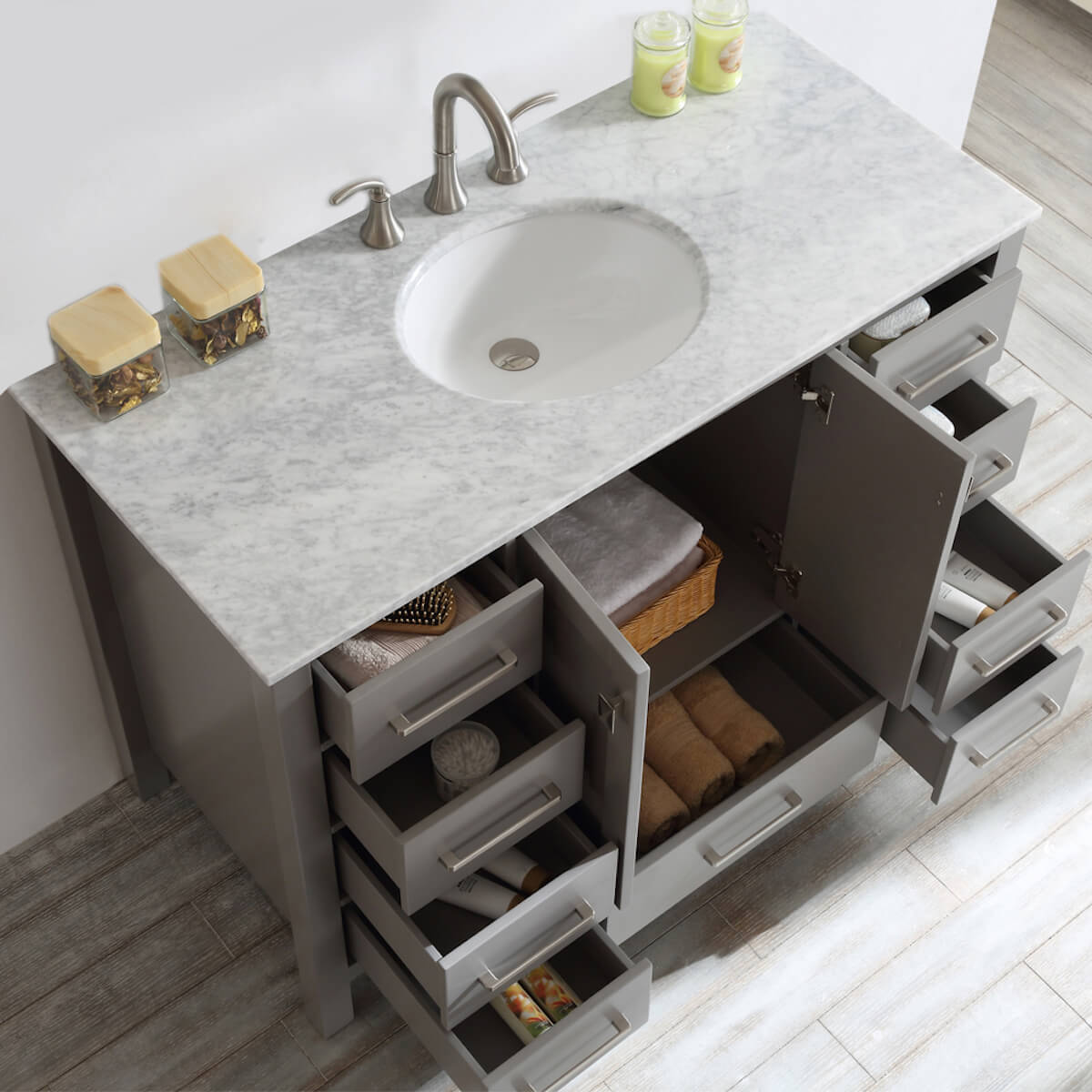 Vinnova Gela 48" Grey Freestanding Single Vanity with Carrara White Marble Countertop Without Mirror Open Cabinets and Drawers 723048-GR-CA-NM
