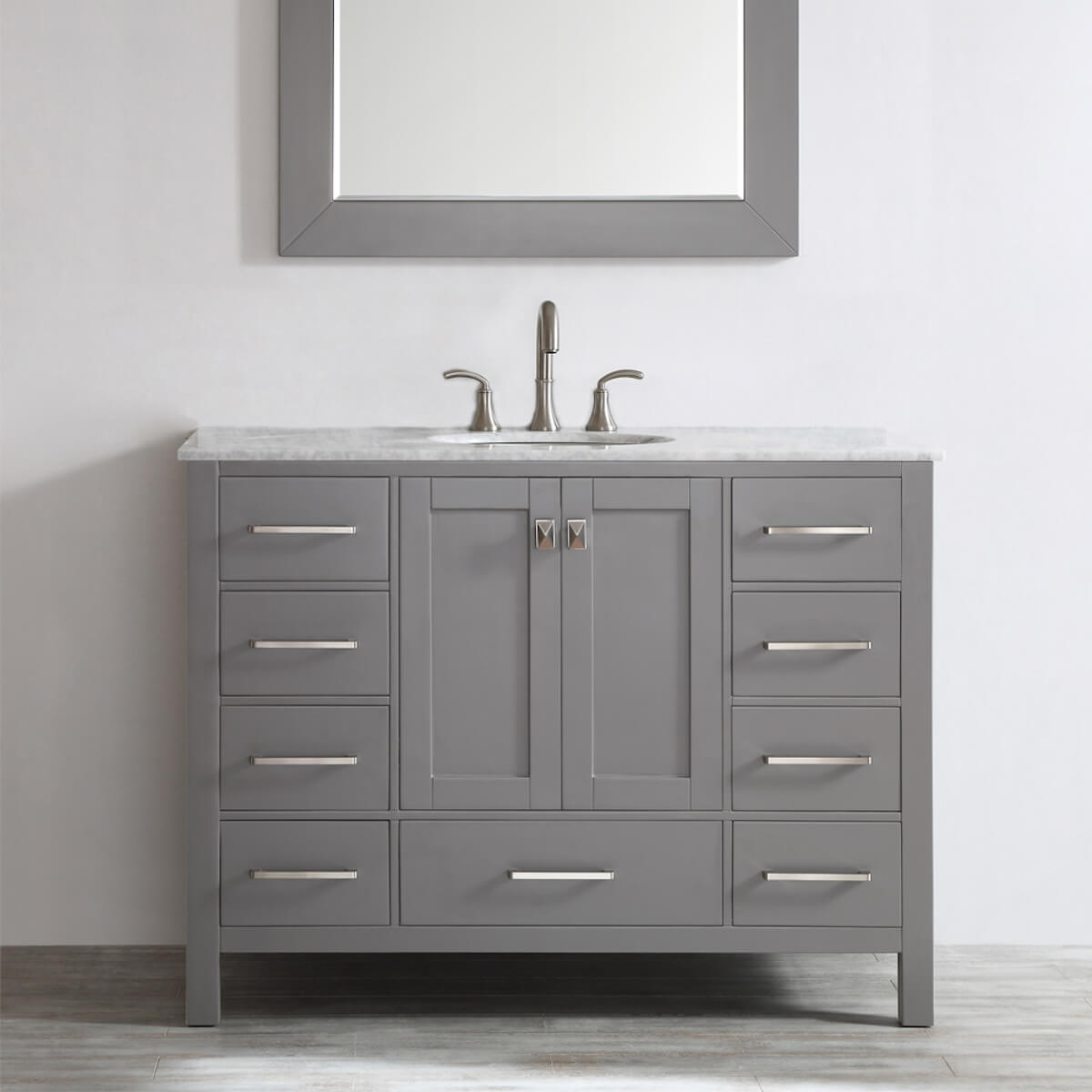 Vinnova Gela 48" Grey Freestanding Single Vanity with Carrara White Marble Countertop With Mirror 723048-GR-CA