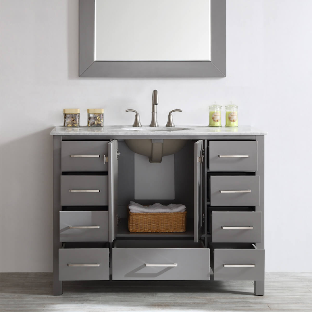 Vinnova Gela 48" Grey Freestanding Single Vanity with Carrara White Marble Countertop With Mirror Inside 723048-GR-CA
