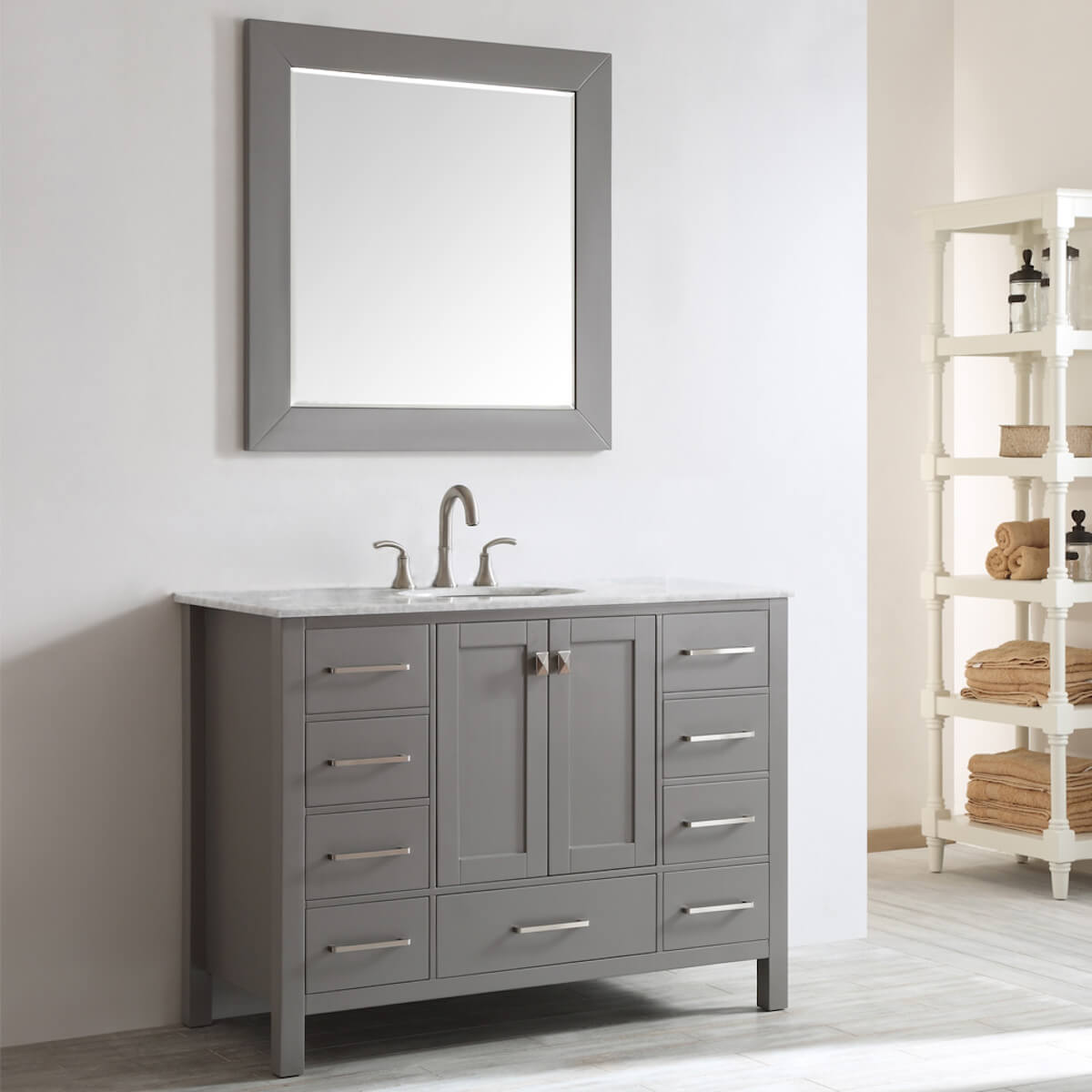 Vinnova Gela 48" Grey Freestanding Single Vanity with Carrara White Marble Countertop With Mirror Side 723048-GR-CA