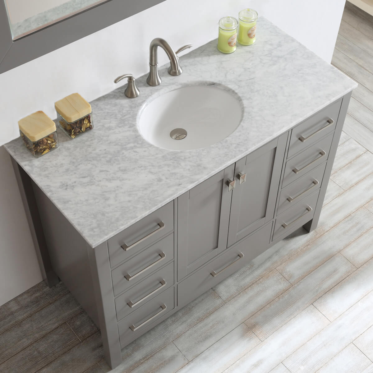 Vinnova Gela 48" Grey Freestanding Single Vanity with Carrara White Marble Countertop With Mirror Sink 723048-GR-CA