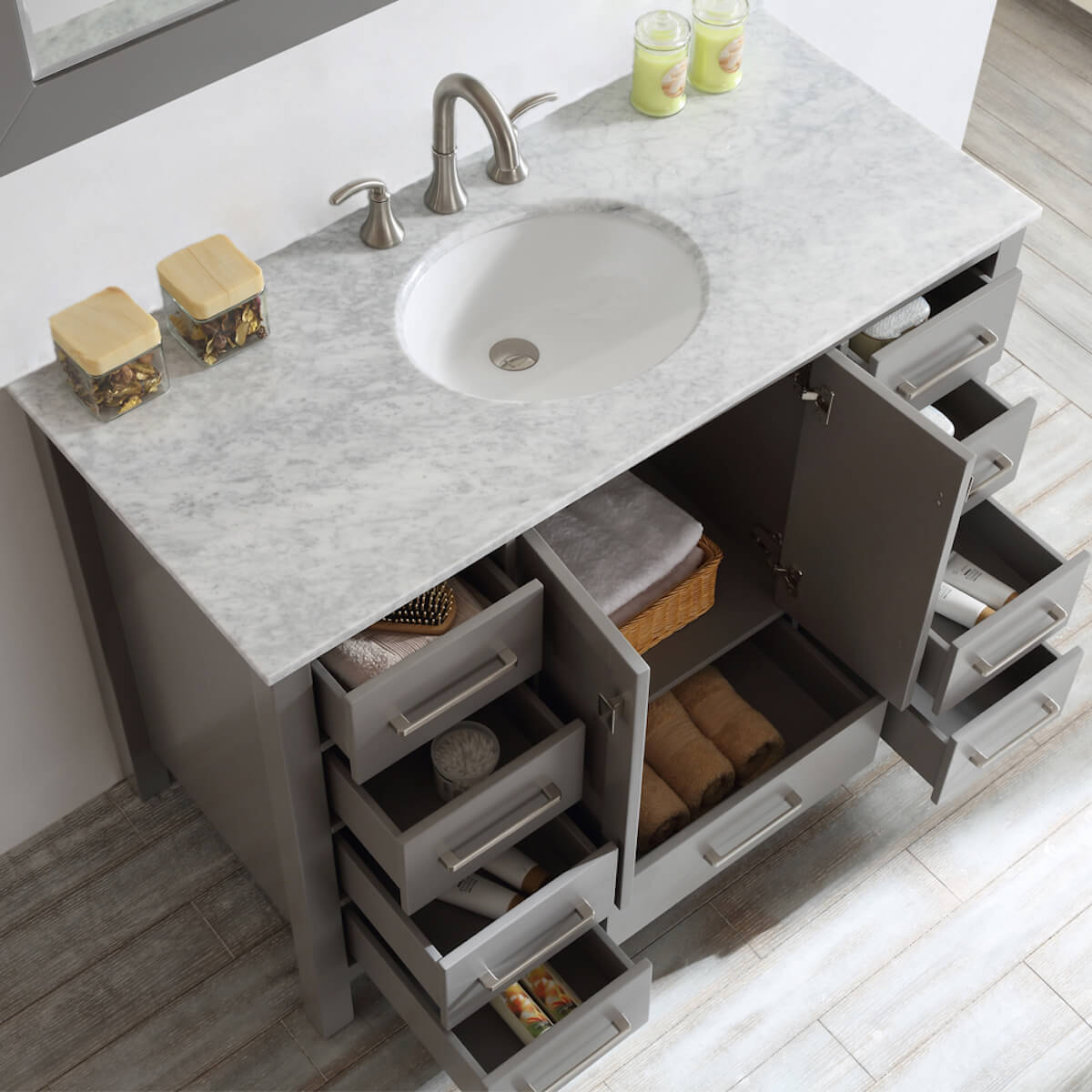 Vinnova Gela 48" Grey Freestanding Single Vanity with Carrara White Marble Countertop With Mirror Open Drawers and Cabinets 723048-GR-CA