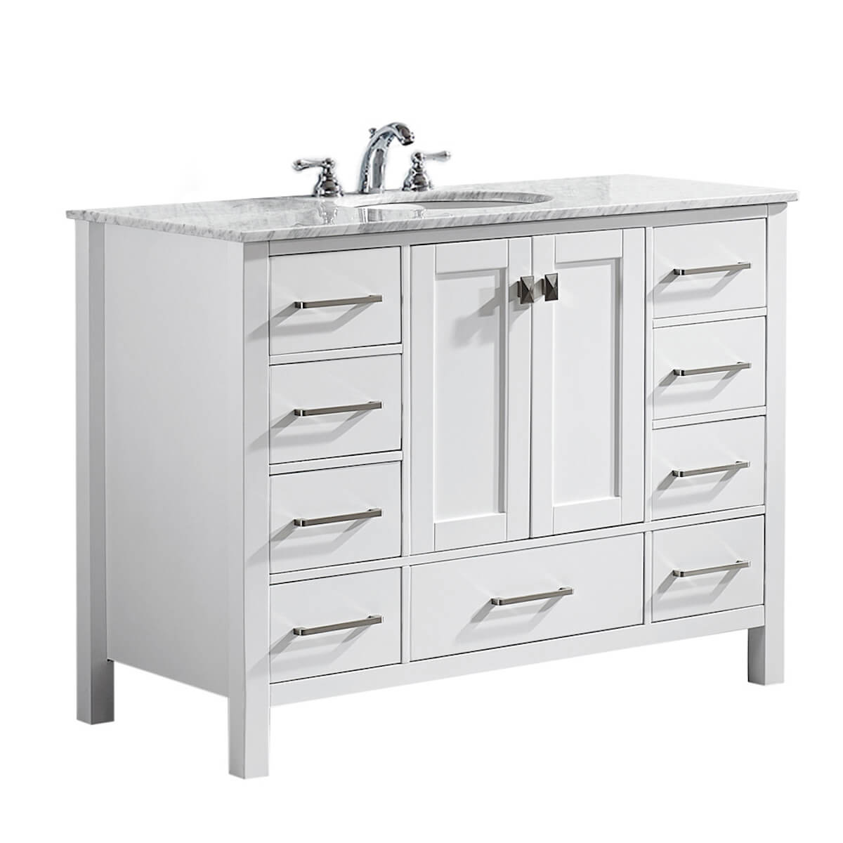 Vinnova Gela 48" White Freestanding Single Vanity with Carrara White Marble Countertop Without Mirror Side 723048-WH-CA-NM