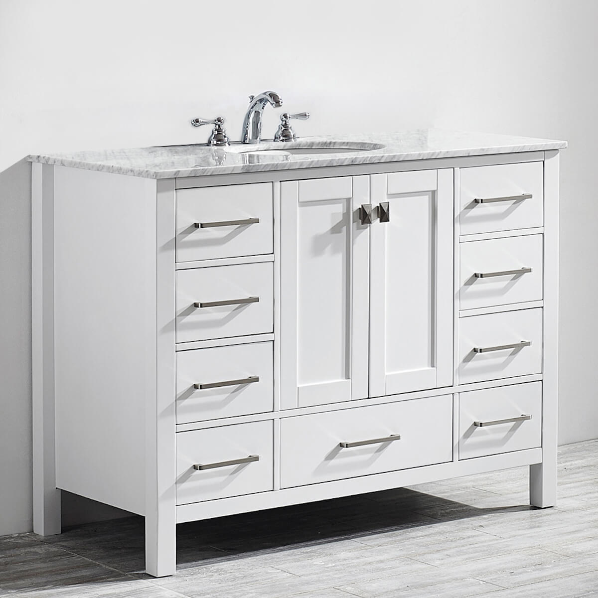 Vinnova Gela 48" White Freestandig Single Vanity with Carrara White Marble Countertop Without Mirror Side 723048-WH-CA-NM