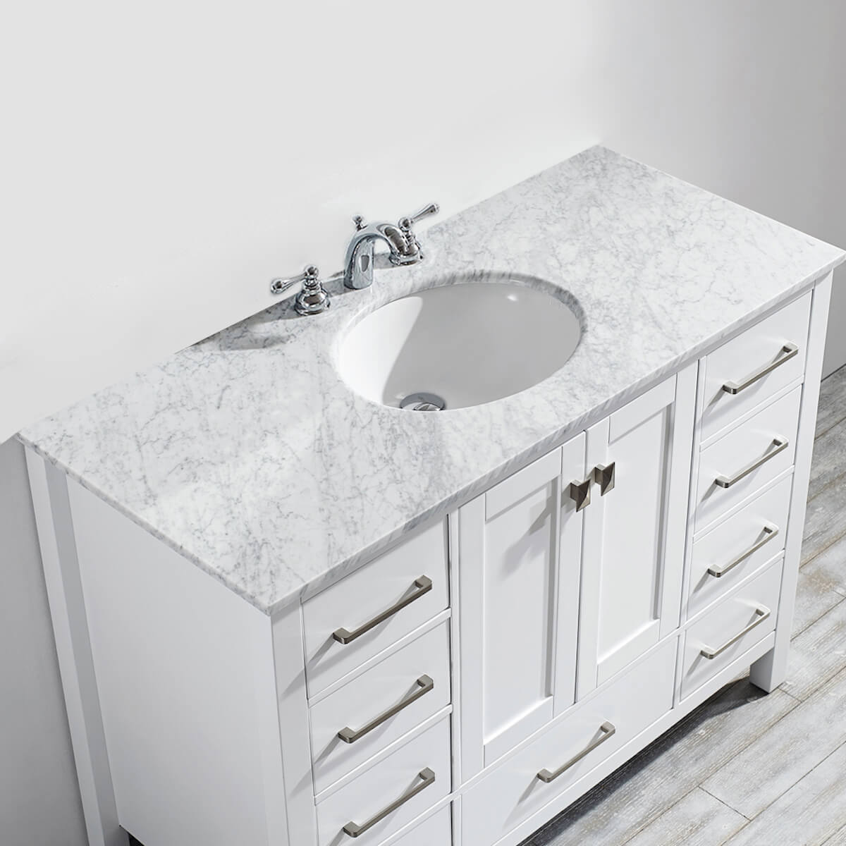 Vinnova Gela 48" White Freestanding Single Vanity with Carrara White Marble Countertop Without Mirror Sink 723048-WH-CA-NM