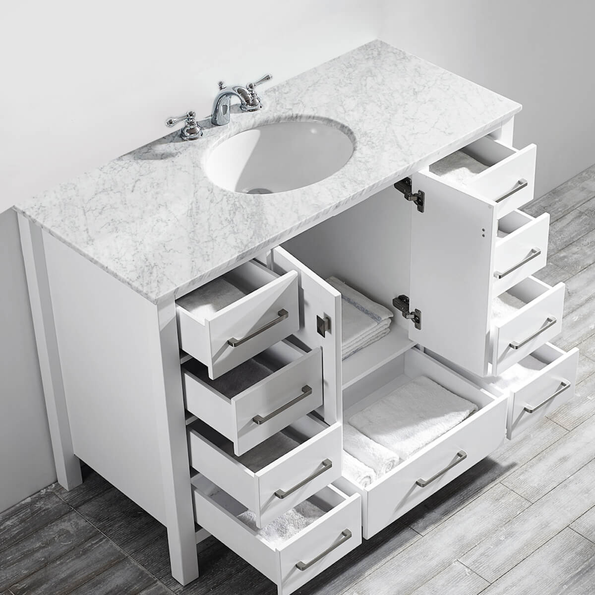 Vinnova Gela 48" White Freestanding Single Vanity with Carrara White Marble Countertop Without Mirror Inside 723048-WH-CA-NM