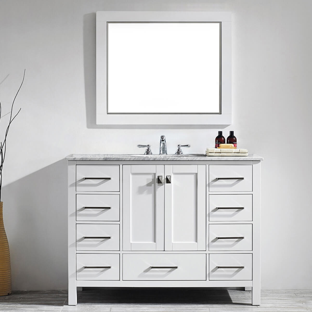 Vinnova Gela 48" White Freestanding Single Vanity with Carrara White Marble Countertop With Mirror 723048-WH-CA-NM
