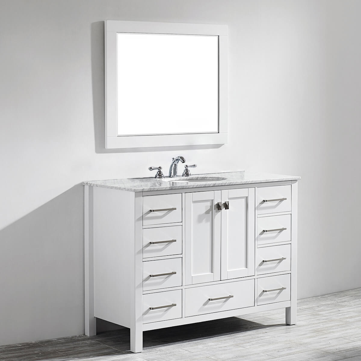 Vinnova Gela 48" White Freestanding Single Vanity with Carrara White Marble Countertop With Mirror Side 723048-WH-CA-NM