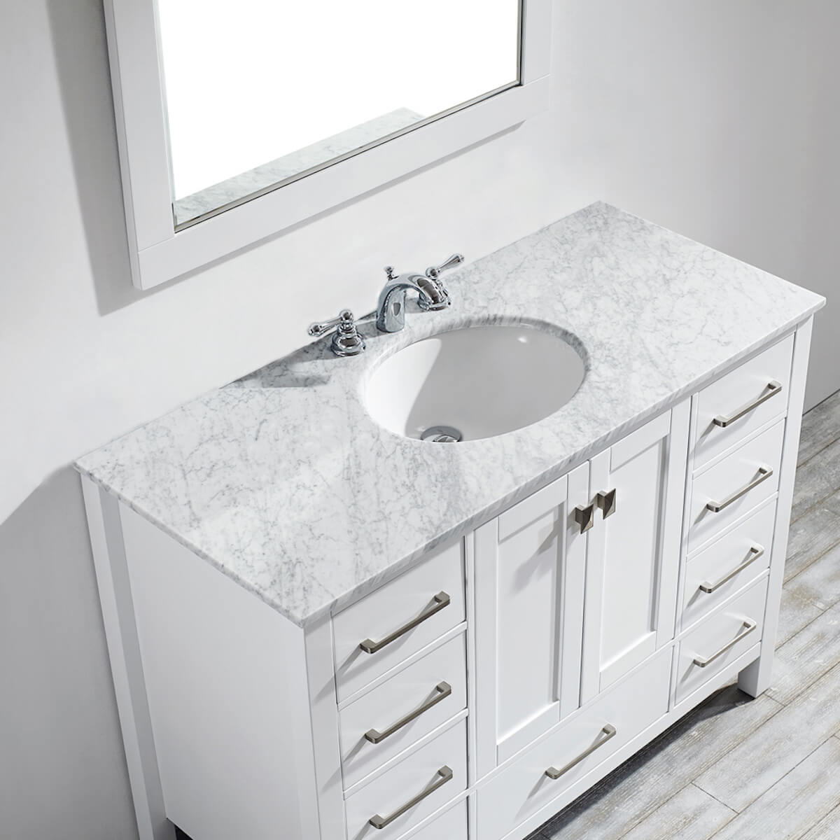 Vinnova Gela 48" White Freestanding Single Vanity with Carrara White Marble Countertop With Mirror Sink 723048-WH-CA-NM