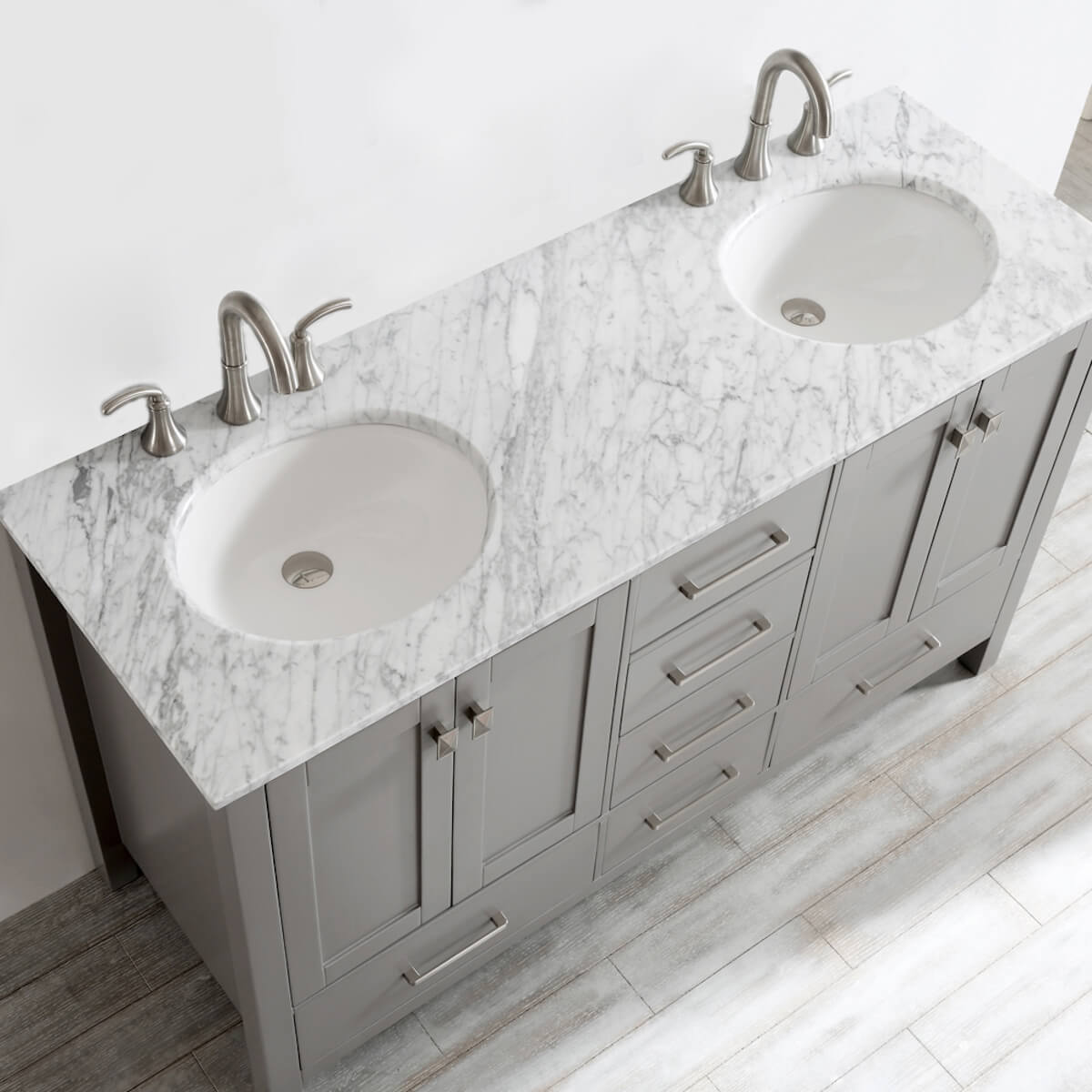 Vinnova Gela 60" Grey Double Vanity with Carrara White Marble Countertop Without Mirror Sinks 723060-GR-CA-NM