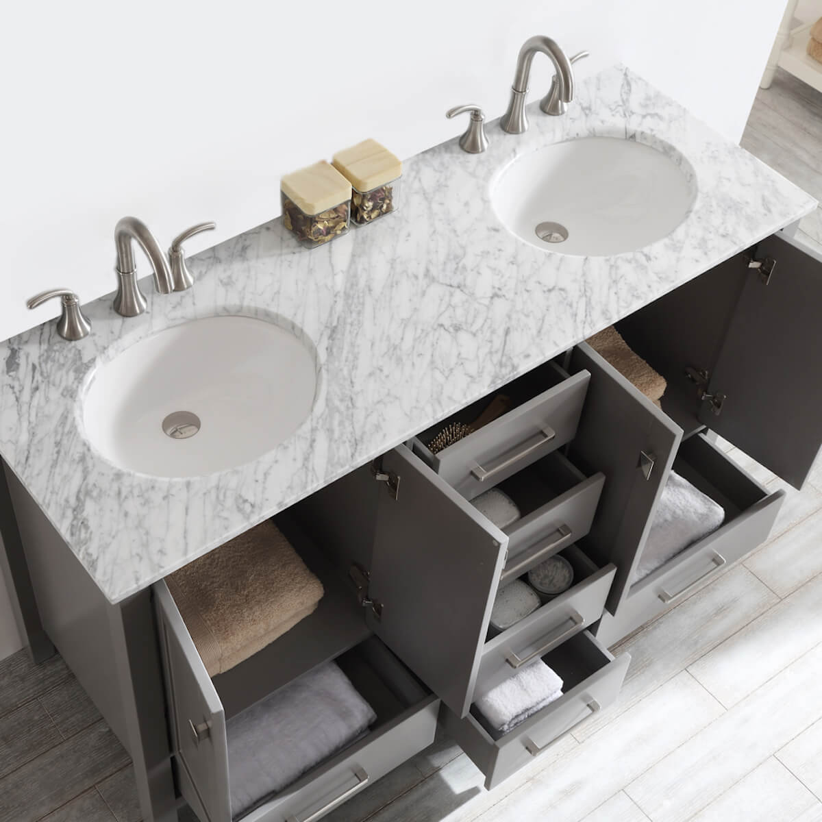 Vinnova Gela 60" Grey Double Vanity with Carrara White Marble Countertop Without Mirror Open Drawers and Cabinets 723060-GR-CA-NM