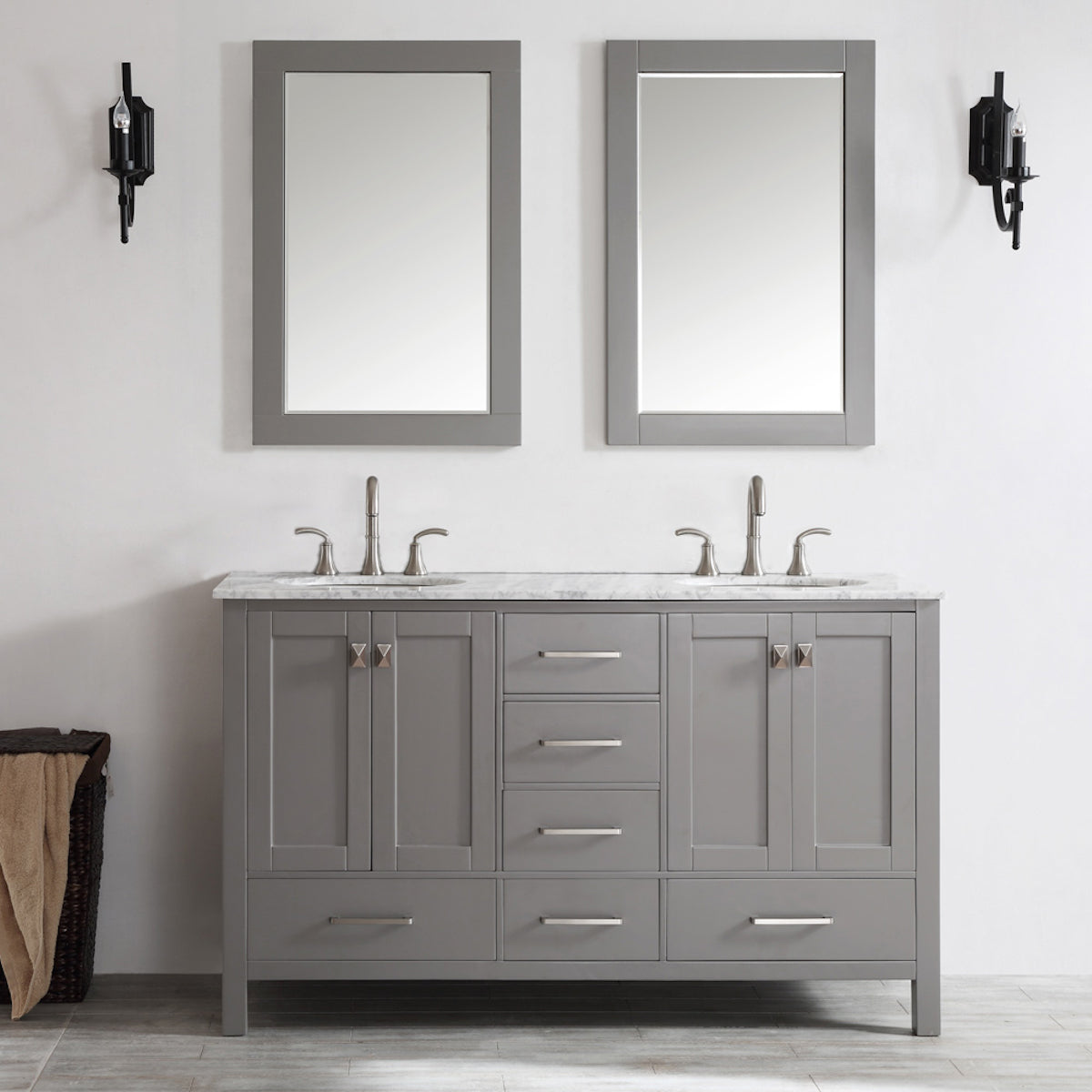 Vinnova Gela 60" Grey Double Vanity with Carrara White Marble Countertop With Mirror 723060-GR-CA