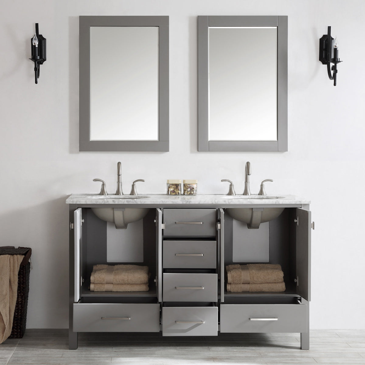 Vinnova Gela 60" Grey Double Vanity with Carrara White Marble Countertop With Mirror Inside 723060-GR-CA
