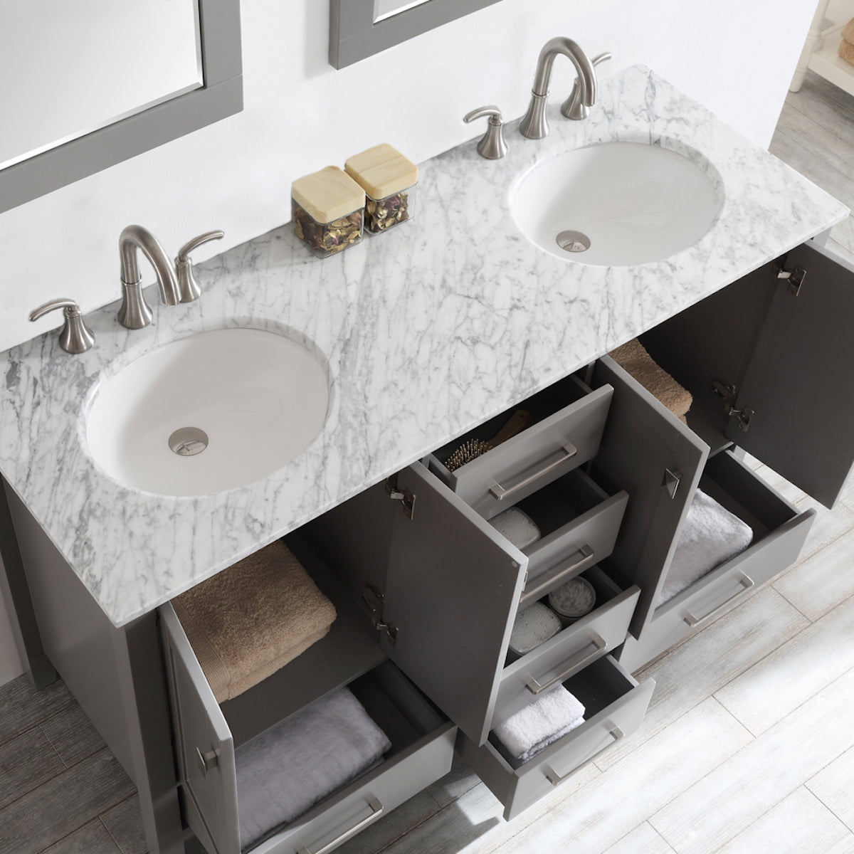 Vinnova Gela 60" Grey Double Vanity with Carrara White Marble Countertop With Mirror Sinks with Open Drawers and Doors 723060-GR-CA