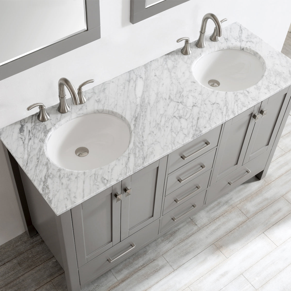 Vinnova Gela 60" Grey Double Vanity with Carrara White Marble Countertop With Mirror Sinks 723060-GR-CA