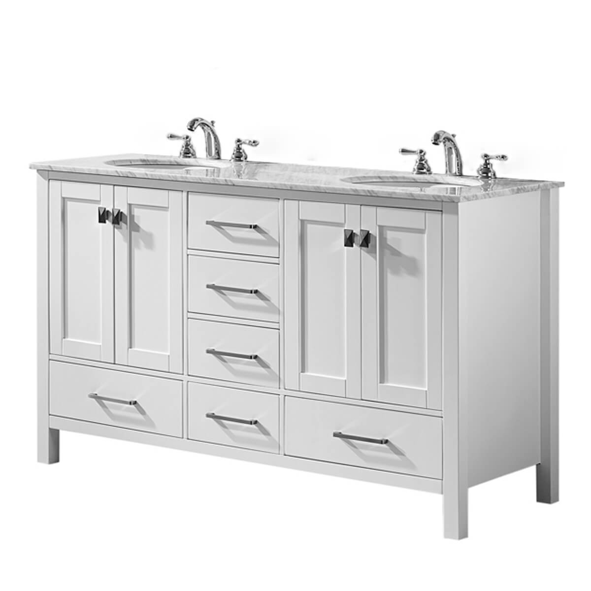 Vinnova Gela 60" White Double Vanity with Carrara White Marble Countertop Without Mirror Side 723060-WH-CA-NM