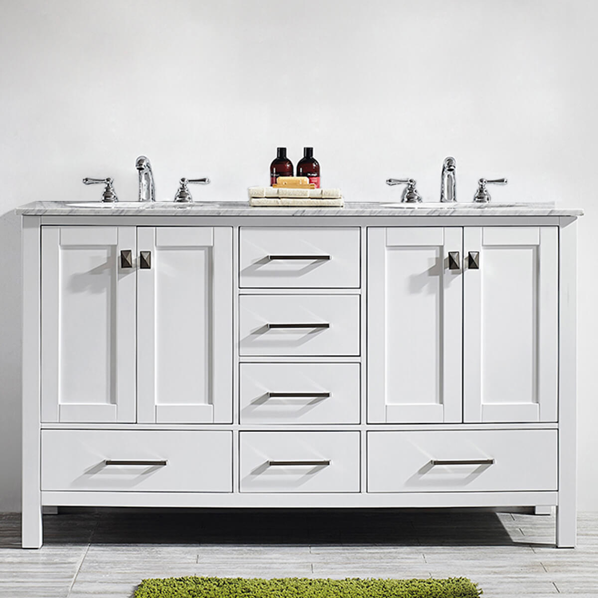 Vinnova Gela 60" White Double Vanity with Carrara White Marble Countertop Without Mirror 723060-WH-CA-NM
