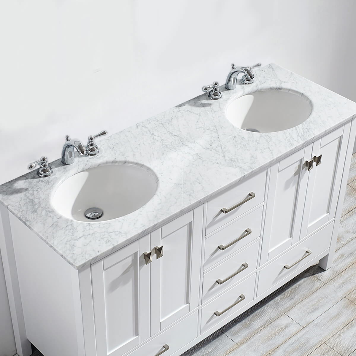 Vinnova Gela 60" White Double Vanity with Carrara White Marble Countertop Without Mirror Sinks 723060-WH-CA-NM