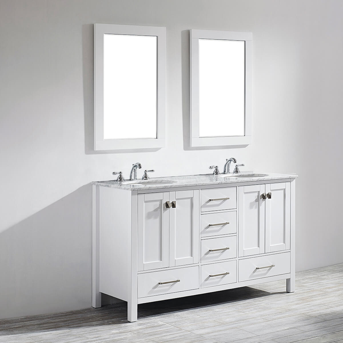 Vinnova Gela 60" White Double Vanity with Carrara White Marble Countertop With Mirror Side 723060-WH-CA