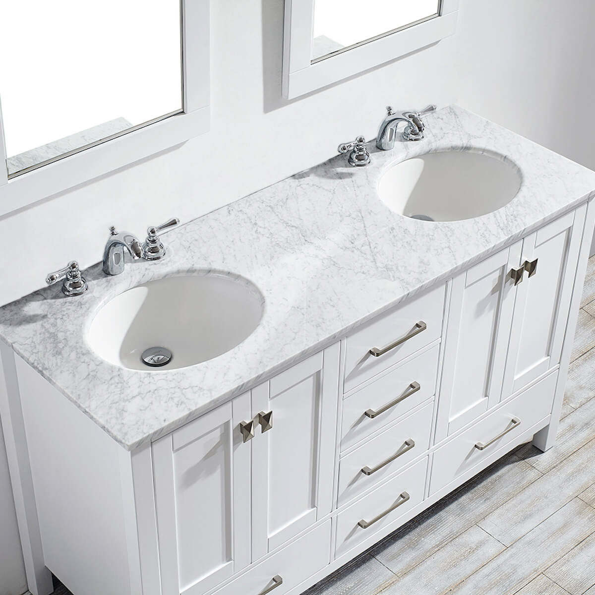 Vinnova Gela 60" White Double Vanity with Carrara White Marble Countertop With Mirror Sinks 723060-WH-CA