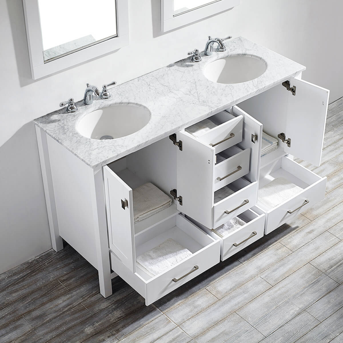 Vinnova Gela 60" White Double Vanity with Carrara White Marble Countertop With Mirror Inside 723060-WH-CA
