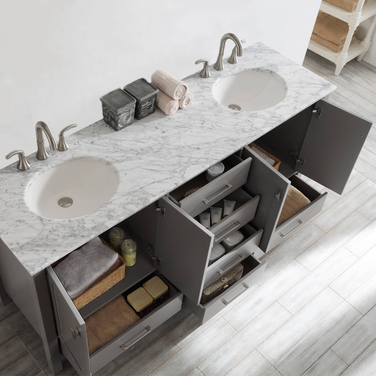 Vinnova Gela 72" Grey Double Vanity with Carrara White Marble Countertop Without Mirror Inside 723072-GR-CA-NM