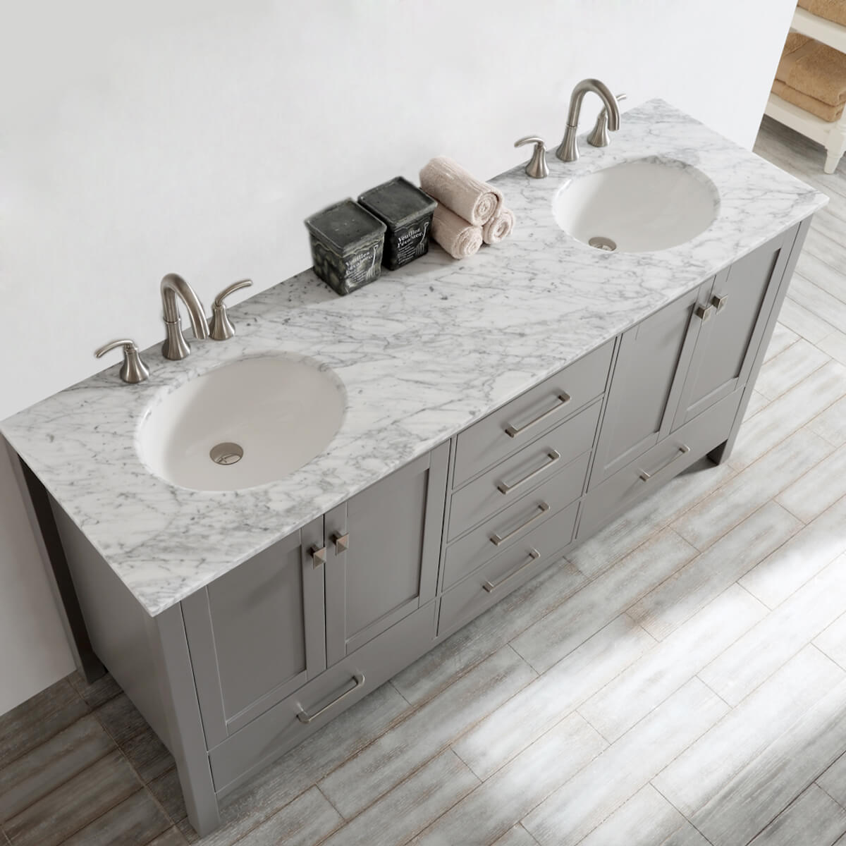 Vinnova Gela 72" Grey Double Vanity with Carrara White Marble Countertop Without Mirror Sinks 723072-GR-CA-NM