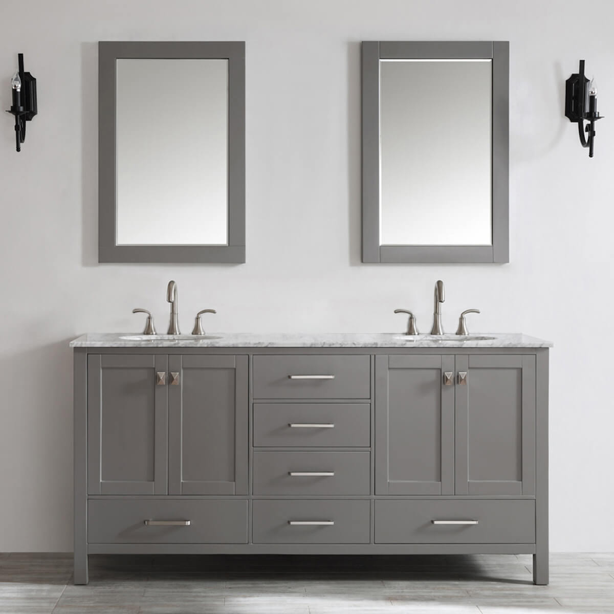 Vinnova Gela 72" Grey Double Vanity with Carrara White Marble Countertop With Mirror 723072-GR-CA