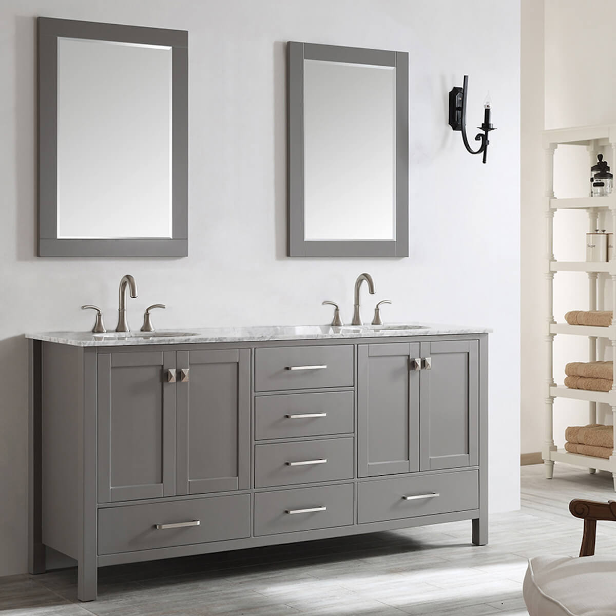 Vinnova Gela 72" Grey Double Vanity with Carrara White Marble Countertop With Mirror Side 723072-GR-CA