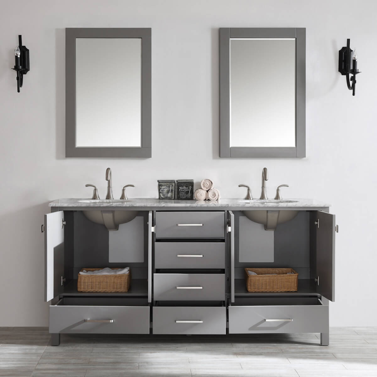 Vinnova Gela 72" Grey Double Vanity with Carrara White Marble Countertop With Mirror Inside 723072-GR-CA