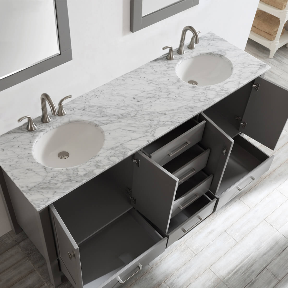 Vinnova Gela 72" Grey Double Vanity with Carrara White Marble Countertop With Mirror Sinks 723072-GR-CA