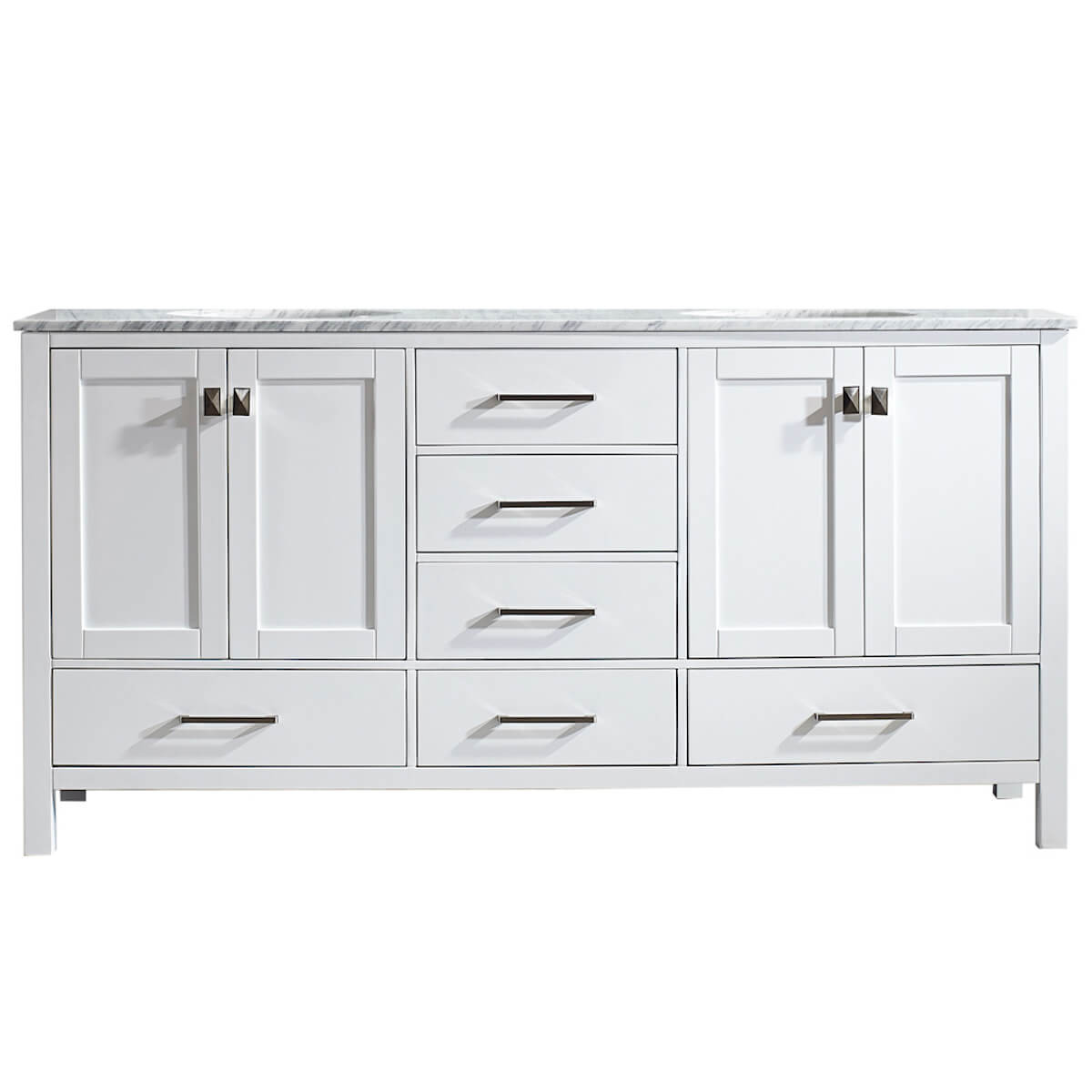 Vinnova Gela 72" White Double Vanity with Carrara White Marble Countertop Without Mirror 723072-WH-CA-NM