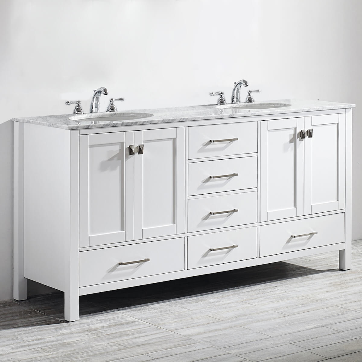 Vinnova Gela 72" White Double Vanity with Carrara White Marble Countertop Without Mirror Left Side 723072-WH-CA-NM