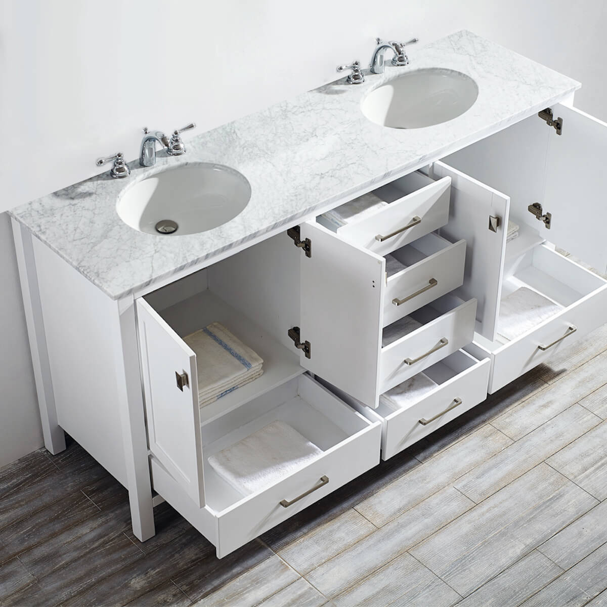 Vinnova Gela 72" White Double Vanity with Carrara White Marble Countertop Without Mirror Inside 723072-WH-CA-NM