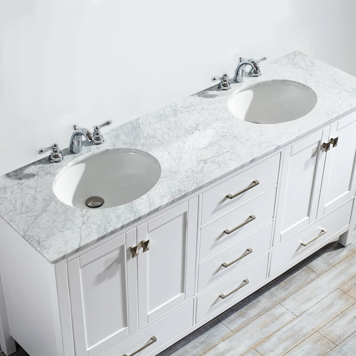 Vinnova Gela 72" White Double Vanity with Carrara White Marble Countertop Without Mirror Sinks 723072-WH-CA-NM