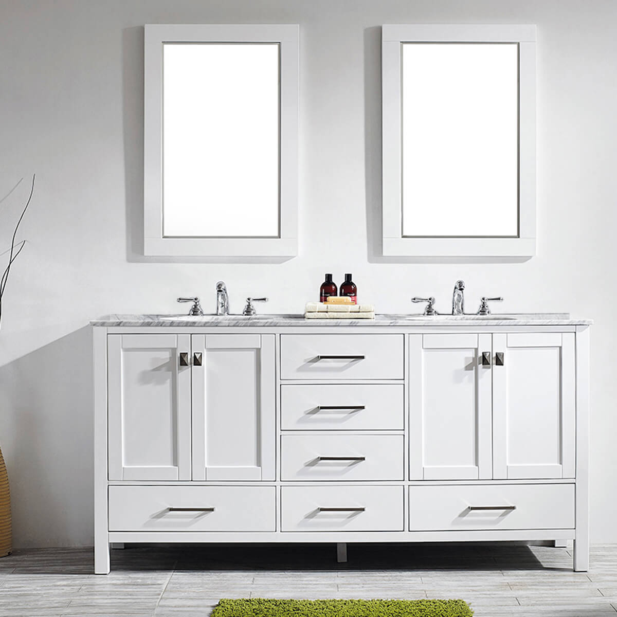 Vinnova Gela 72" White Double Vanity with Carrara White Marble Countertop With Mirror 723072-WH-CA