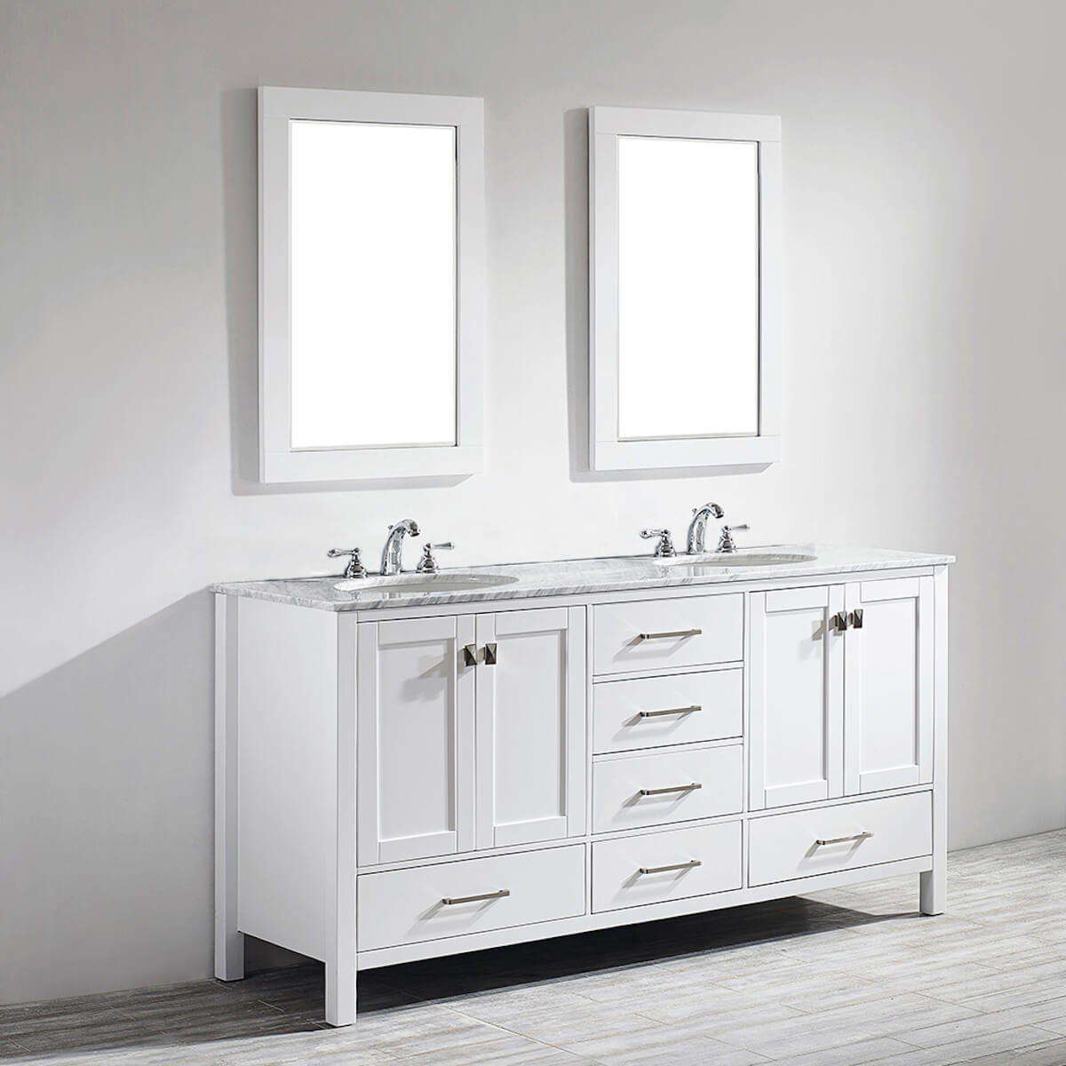 Vinnova Gela 72" White Double Vanity with Carrara White Marble Countertop With Mirror Left Side 723072-WH-CA